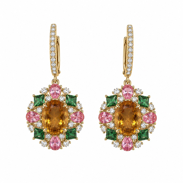 18K  Citirine, Pink Sapphire, Tsavorite Diamond Drop Earrings